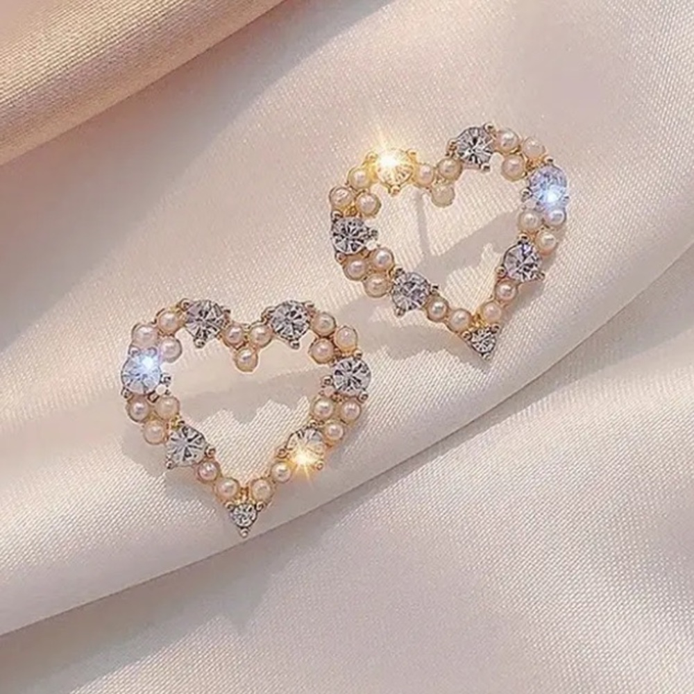 Pearl & Diamond Heart Gold Toned Stud Earrings - Picture 2 of 5